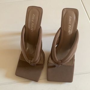 Square toe beige thong sandal heels